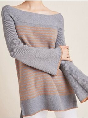 Anthropologie Elise Ribbed Tunic Sweater Size XS Grey Stripes Bell Sleeves